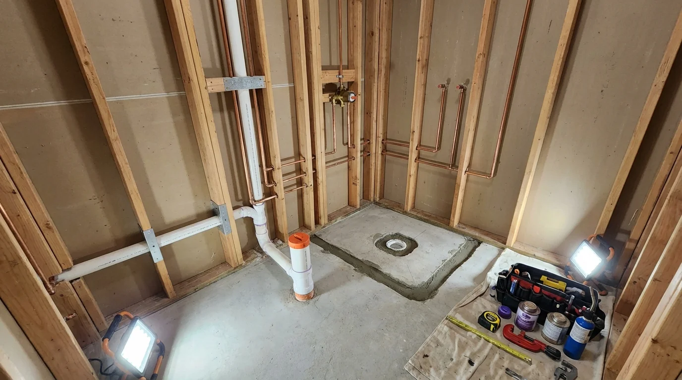 Bathroom rough-in plumbing during remodel by Johns Plumbing LLC in Bowman