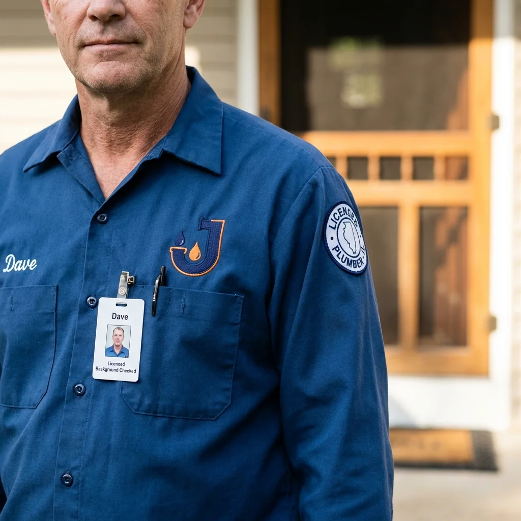 Licensed plumber showing ID badge in Bowman, ND