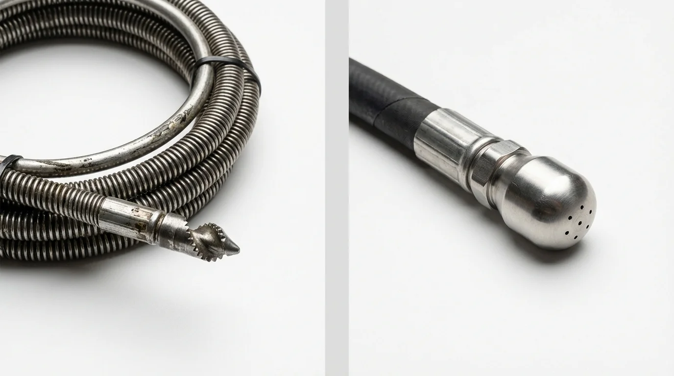 Drain snake cable and hydro jetting nozzle used for drain cleaning in Bowman, ND