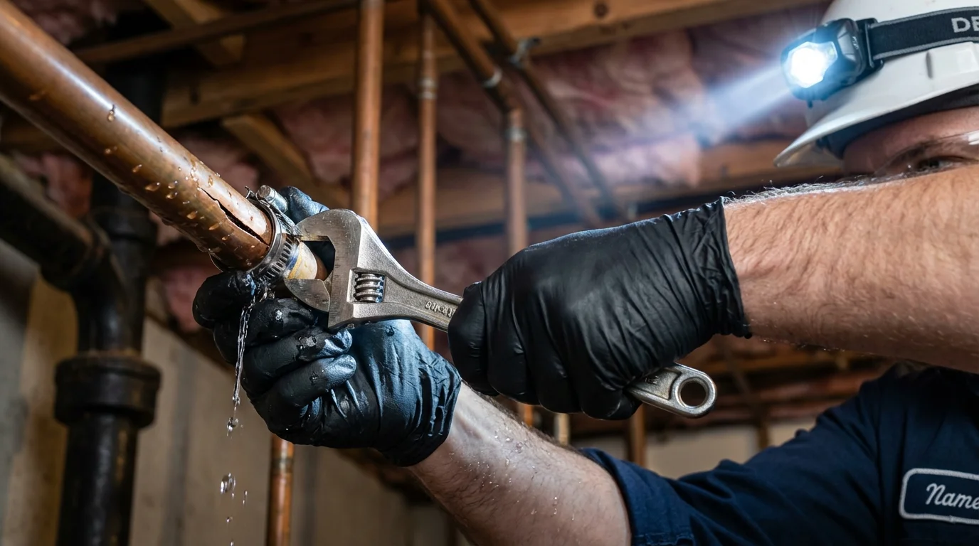 Emergency pipe clamp repair being performed by a Johns Plumbing LLC plumber in Bowman
