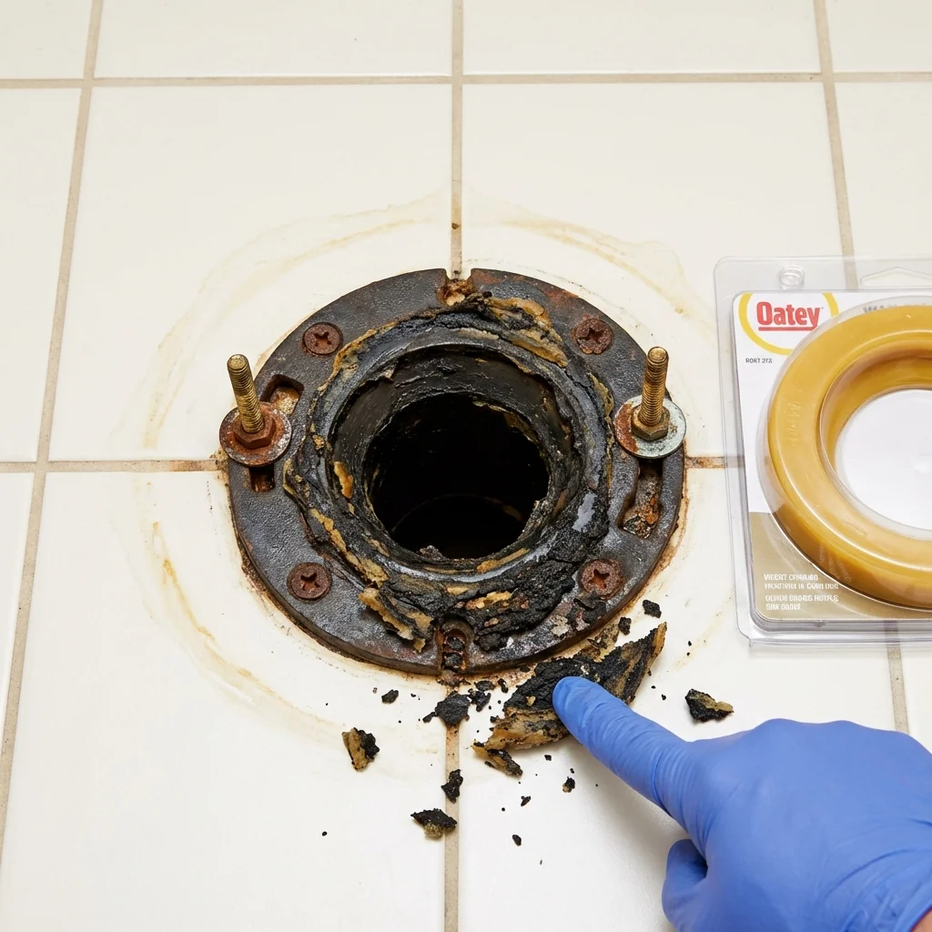 Failed wax ring showing water seepage at the base of a toilet in a Bowman, ND home