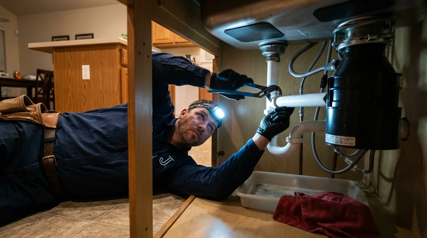 P-trap and supply line connections under a kitchen sink showing a common leak point in Bowman, ND